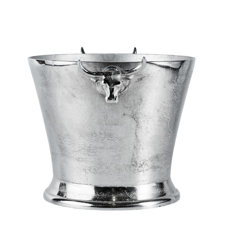K-hler-Stier-3 Flaschenkühler Silber aus Metall mit Stierkopf
