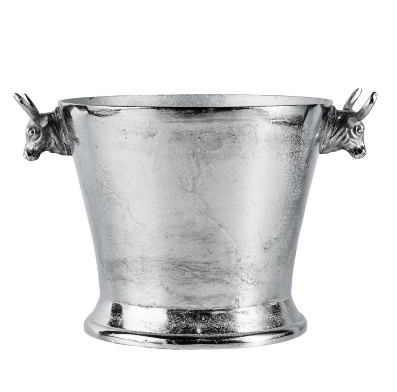 K-hler-Stier-1 Flaschenkühler Silber aus Metall mit Stierkopf