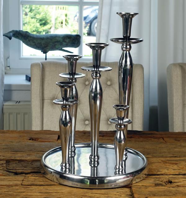 Kerzenst-nder-5-armig-auf-Tablett-Silber-Aluminium-poliert-MN-KS-8005-2 Kerzenständer Kerzenhalter Silber aus Aluminium Rund auf Tablett (Metall)