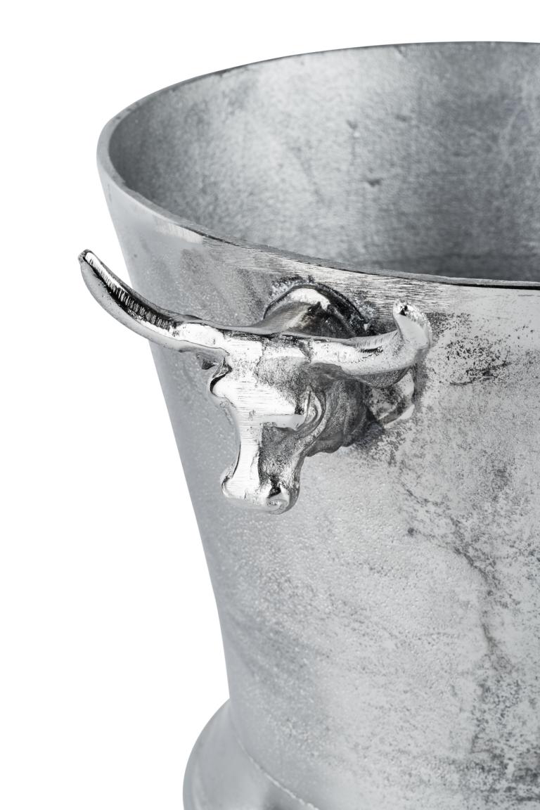 K-hler-Stier-4 Flaschenkühler Silber aus Metall mit Stierkopf
