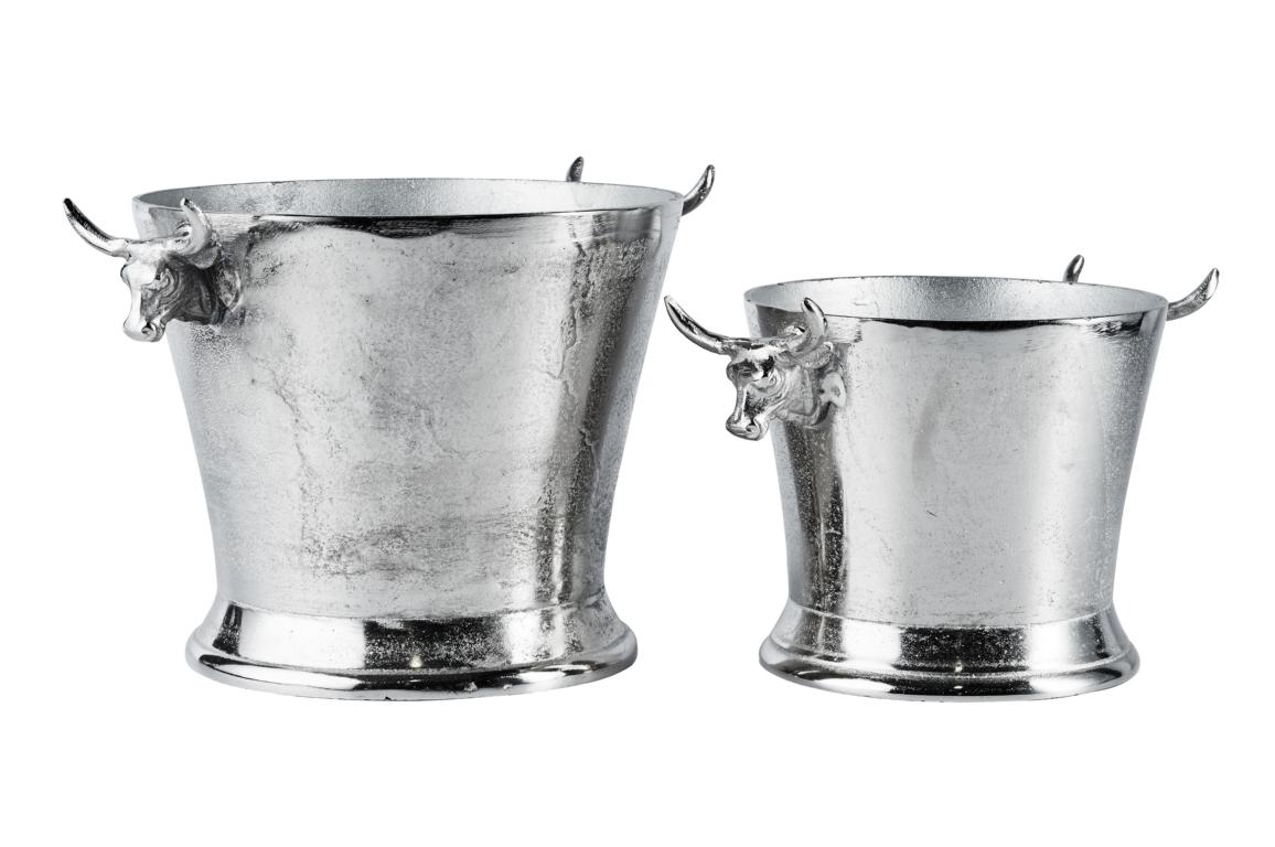 K-hler-Stier-11 Flaschenkühler Silber aus Metall mit Stierkopf