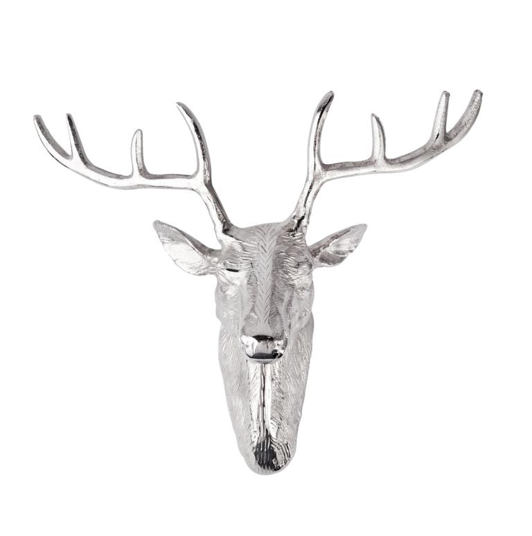 Wandschmuck-Hirsch-01_1 Hirschgeweih Hirschkopf Geweih Silber aus Metall Wanddekoration